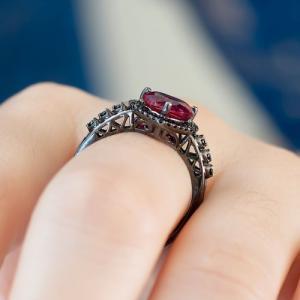 Black Silver Wedding Ring Heart Synthetic Ruby 925..