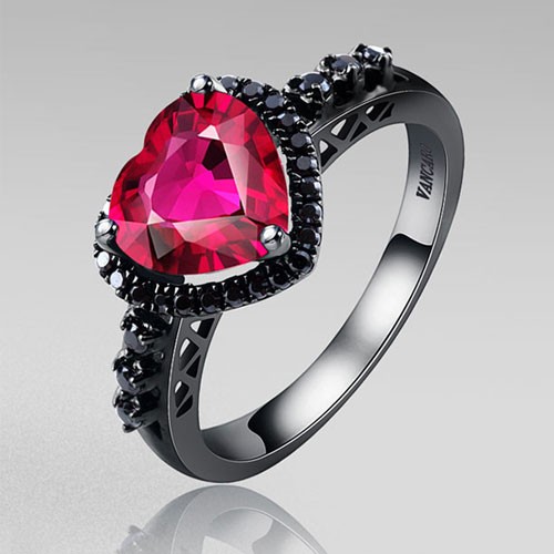 Black Silver Wedding Ring Heart Synthetic Ruby 925 Sterling Silver Black Engagement Ring For Women