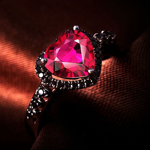 Black Silver Wedding Ring Heart Synthetic Ruby 925 Sterling Silver ...